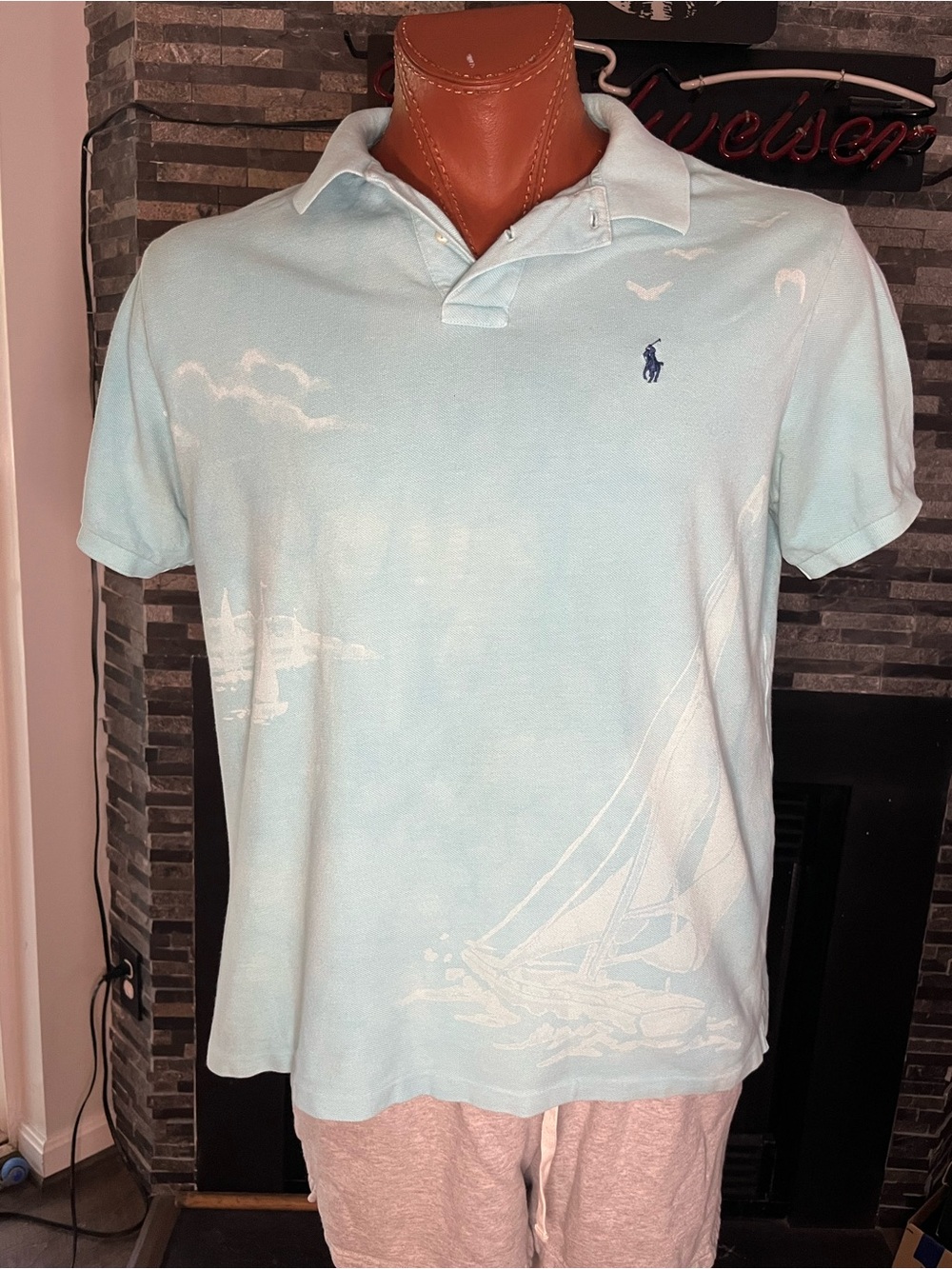 Vintage Men's Ralph Lauren Pale Blue Polo with Nautical Sailboat Printed